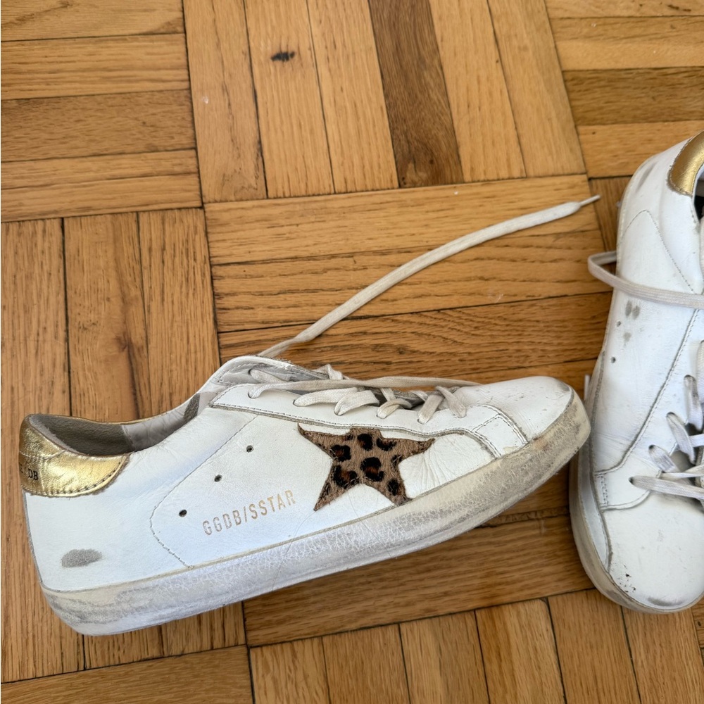 Golden Goose Superstar Sneakers in White with Leopard Star